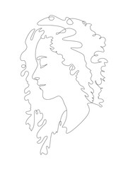 Woman Head with curly hairstyle Line Art Illustration. Female head Feminine Minimalist Logo, line drawing with abstract expressive lines