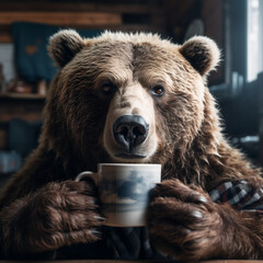 Portrait brown bear drinking coffee, Generative AI