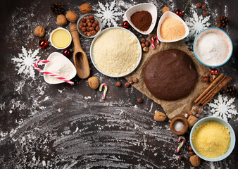 Obraz na płótnie Canvas Gluten Free Homemade Christmas Cookie Dough on Brown Wooden Background.