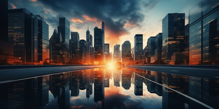 Skyscrapers of a smart city at sunset, futuristic financial district, graphic perspective of buildings and reflections - Architectural background for corporate and business brochure template