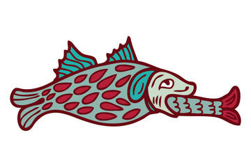 Medieval bestiary style doodle art of animal fish seal eats fish. Perfect for tee, sticker, card, poster. Hand drawn isolated vector illustration.