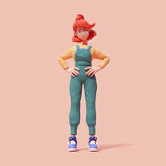 Cute kawaii positive excited asian smiling colorful red-haired k-pop girl in fashion clothes green pants yellow t-shirt, blue sneakers stands with hands on hips has fun joy. 3d render on pink backdrop