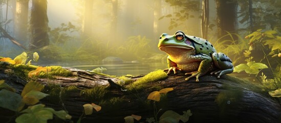 background of a lush forest amidst the towering trees and vibrant nature a woodsy aroma fills the air inviting curious animals A closeup reveals the enchanting sight of an African bullfrog k - obrazy, fototapety, plakaty