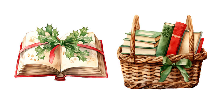 Christmas books watercolor clipart illustration with isolated background.