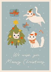 Cute cartoon cats and Christmas decorations, Santa hat, jolly, candy, gifts, garlands. Festive vector illustration - cat on winter holidays in flat cartoon style. Purry and bright, Meowy Christmas