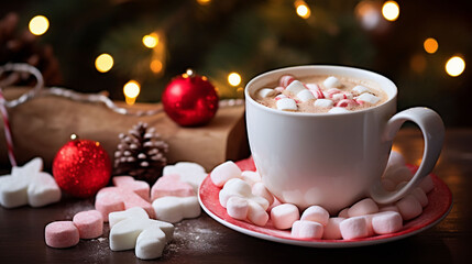 Obraz na płótnie Canvas Mug of hot cocoa with marshmallows on the background of Christmas lights 