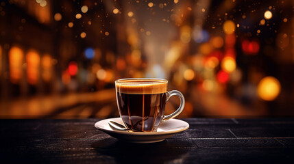 Fototapeta premium Mug of hot cocoa with marshmallows on the background of Christmas lights
