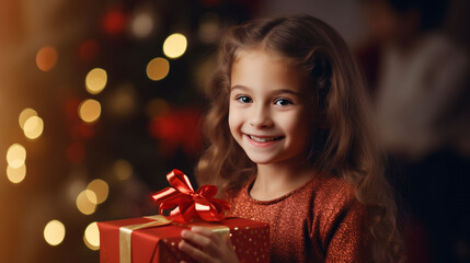 Fototapeta na wymiar A cute little girl is holding a Christmas present near the Christmas tree