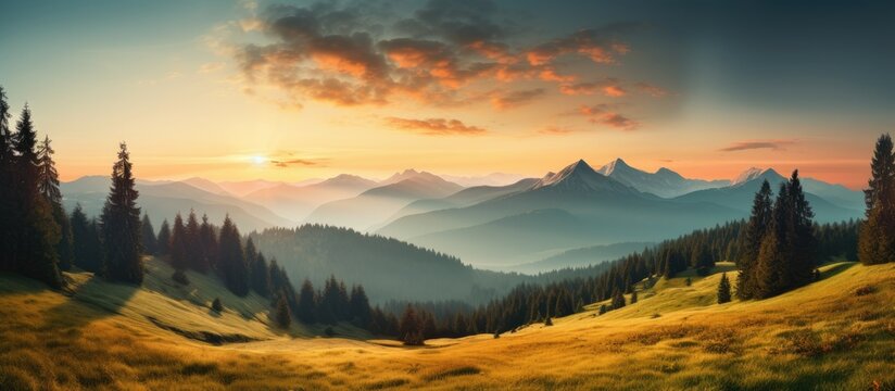 As the sun sets behind the vast mountain range casting a warm glow on the autumn forest the sky transforms into a canvas of vibrant colors serving as a mesmerizing background to the picture