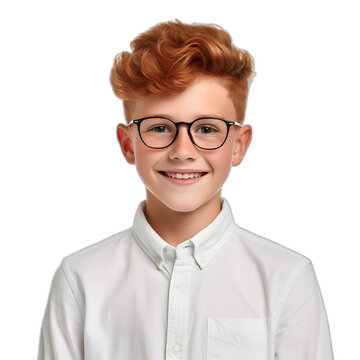 Portrait smart red-haired confident boy with glasses isolated on transparent or white background, png