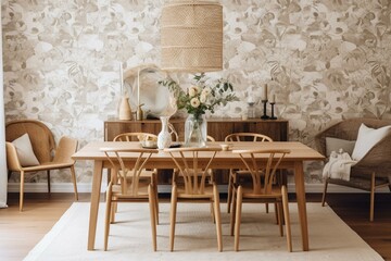 Farmhouse dining room with wooden furniture, white and beige tones, table, chairs, decors, floral wallpaper, and Japandi interior design. Generative AI