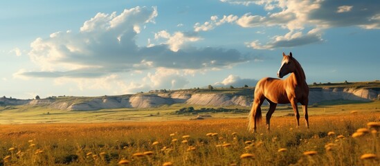 background of the picturesque nature a majestic horse roams freely on a farm where agriculture and wild animals coexist harmoniously - obrazy, fototapety, plakaty