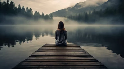 Foto auf Leinwand young woman in lotus pose on wooden jetty at lake © Daniel