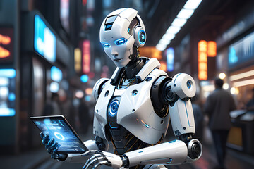 Future Tech Assistant: Humanoid Robot with Tablet &ndash; Cutting-Edge Artificial Intelligence and Technology Integration Concept for Industry and Innovation. Futuristic Android Technology Image