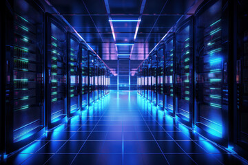 A massive data center with rows of servers processing information, representing the Concept of information technology infrastructure. Generative Ai.