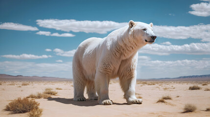 A polar bear in the middle of the immense desert. Global warming and climate change concept. - obrazy, fototapety, plakaty