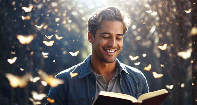 A man reading a book and surrounded by flying butterflies.