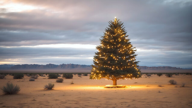 A Christmas tree in the middle of the desert. Global warming issue.