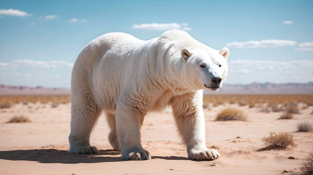 A polar bear in the middle of the immense desert. Global warming and climate change concept.