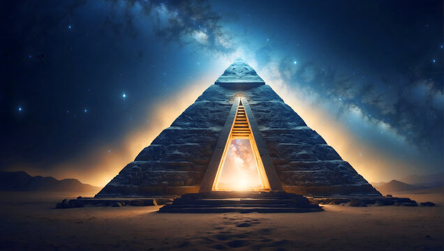 Time portal to the mystical pyramid on a starry night.