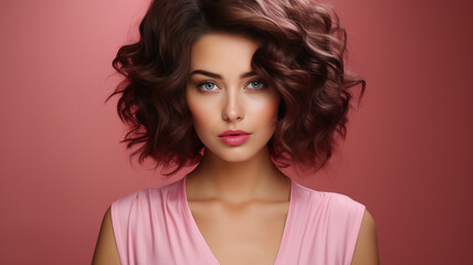 young woman with curly hair on pink background