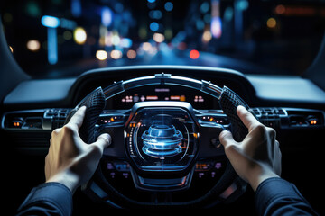 A driver's hands gripping the steering wheel of an autonomous vehicle, illustrating the Concept of self-driving technology in transportation. Generative Ai.