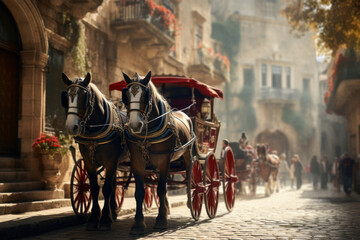 A traditional horse-drawn carriage carrying tourists through the historic streets of a European...