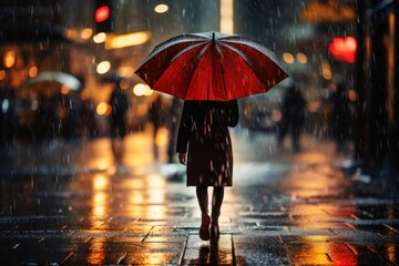 A person walks in the rain with umbrella.