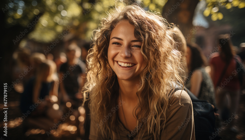 Wall mural Smiling women outdoors, young adult happiness, cheerful females enjoying nature generated by AI