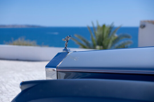 Algarve, Portugal - 13.09.2023: Detail of blue vintage Rolls Royce car on the Algarve, Portugal.