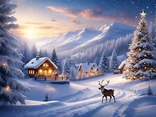 winter landscape with house and mountains