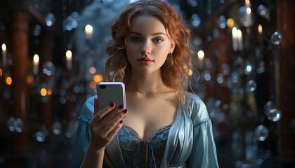 A beautiful young woman smiles, holding a smartphone indoors at night generated by AI
