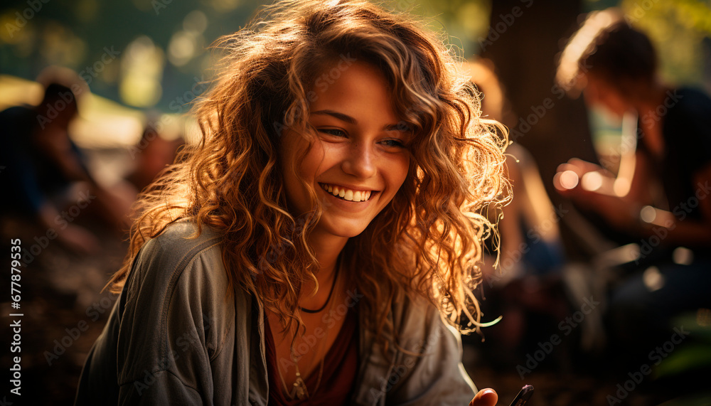 Wall mural Smiling young women enjoying outdoors, happiness in casual clothing generated by AI