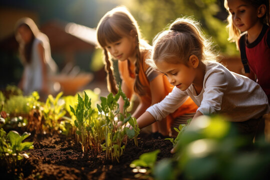 A Group Of Children Planting A Vegetable Garden, Learning About Food Sources And Sustainability. Concept Of Nutrition Education For Youth. Generative Ai.