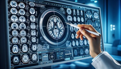 MRI scan, medical professional, interactive screen, brain imaging, diagnostic technology, neurological condition, healthcare, medical research, radiology, stylus pen, lab coat, close-up view, digital 