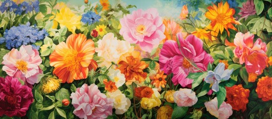 Obraz na płótnie Canvas background of a vibrant summer garden colorful flowers sway gentle breeze forming a tapestry of natures beauty fit for a floral banner A leafy green backdrop sets the stage for a sun kissed