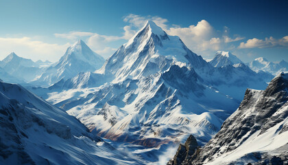 Obraz premium Majestic mountain peak, blue sky, tranquil scene generated by AI