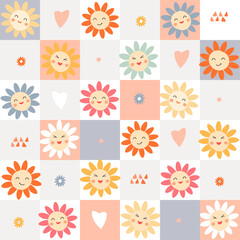 Seamless pattern with abstract cheerful flowers of daisies and cute faces with smiles on the background of a grid of multicolored squares. Vector graphics.