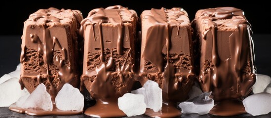 The creamy chocolate ice cream pops out against the background its smooth texture makes it an irresistible dessert with a rich cocoa flavor and a sweet sugary taste The frozen treat is store - obrazy, fototapety, plakaty