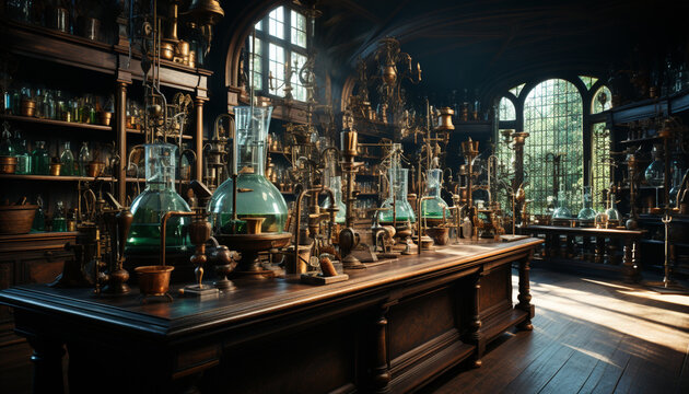 Dark wood table with old fashioned wine bottles generated by AI