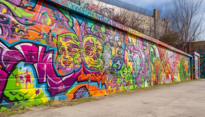 Fototapeta premium Vibrant graffiti mural decorates old building exterior in modern city generated by AI