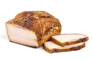 Homemade smoked pork fat with spices, isolated on white background.