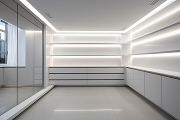 Fototapeta premium A minimalist white dressing room with empty shelves, uncluttered design. Bright LED provides sufficient light.