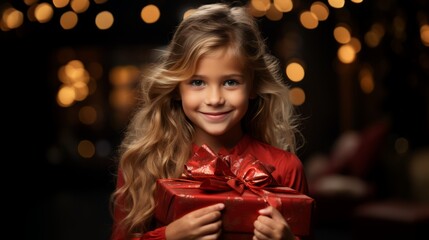 Fototapeta na wymiar Gift of Joy. Girl received rectangular gift box