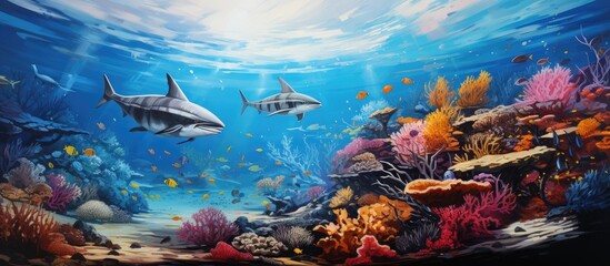 background of a serene blue ocean surrounded by lush tropical nature a vibrant and colorful underwater world thrives with white red and blue animals The water teems with life as fish gracefu