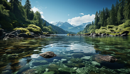 Majestic mountain peak reflects in tranquil pond generated by AI