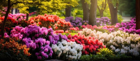 background of a vibrant summer garden colorful flowers like pink blooms and white petals add to the beauty of nature The lush green trees and plants with their vibrant leaves and floral dis - Powered by Adobe