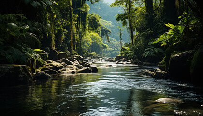 Tranquil scene of a tropical rainforest waterfall generated by AI