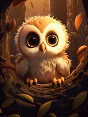 A cute illustration for a kids book of a baby owl