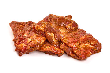 Spicy marinated ribs, BBQ, meat for grill, isolated on white background.